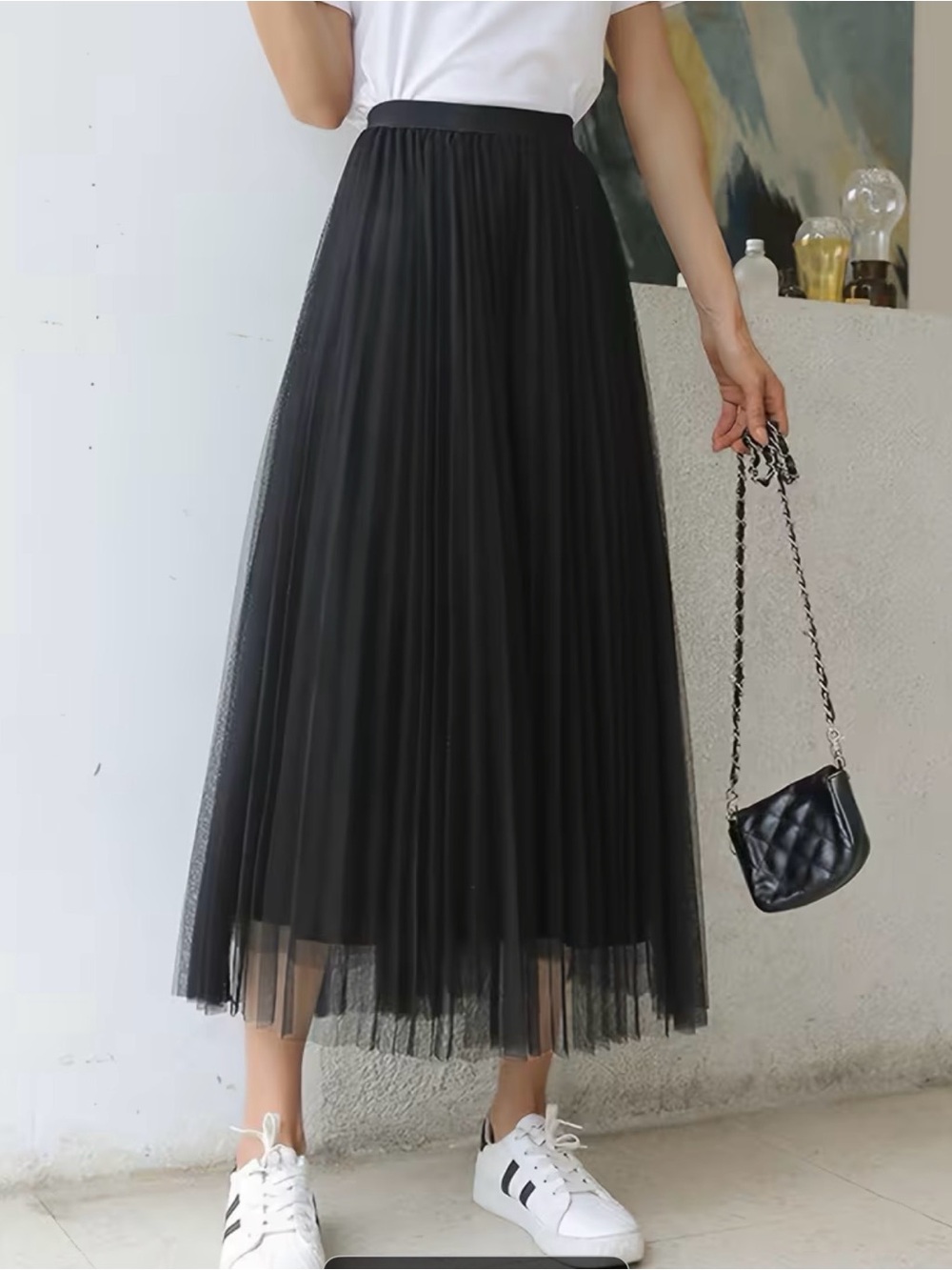 Women's Black Tulle Midi Skirt - Flowy Pleated Design